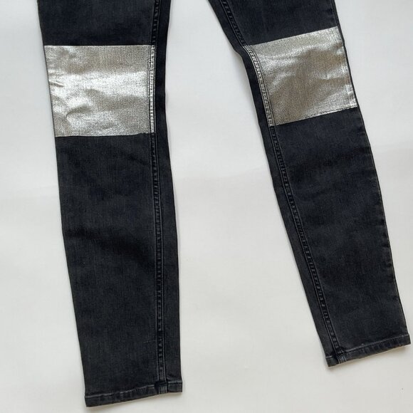 Guess Women’s Moto Zip Skinny Jeans In Black With Knee Silver Patch Size 27 - Picture 3 of 14